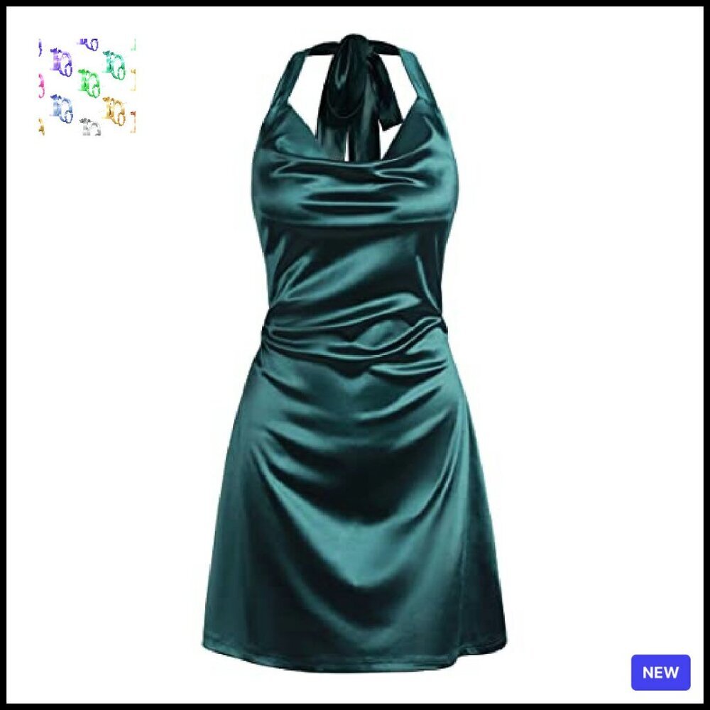 Satin Halterneck Mini Dress Elegant Sexy Party Cocktail Club Wear - Picture 2 of 8